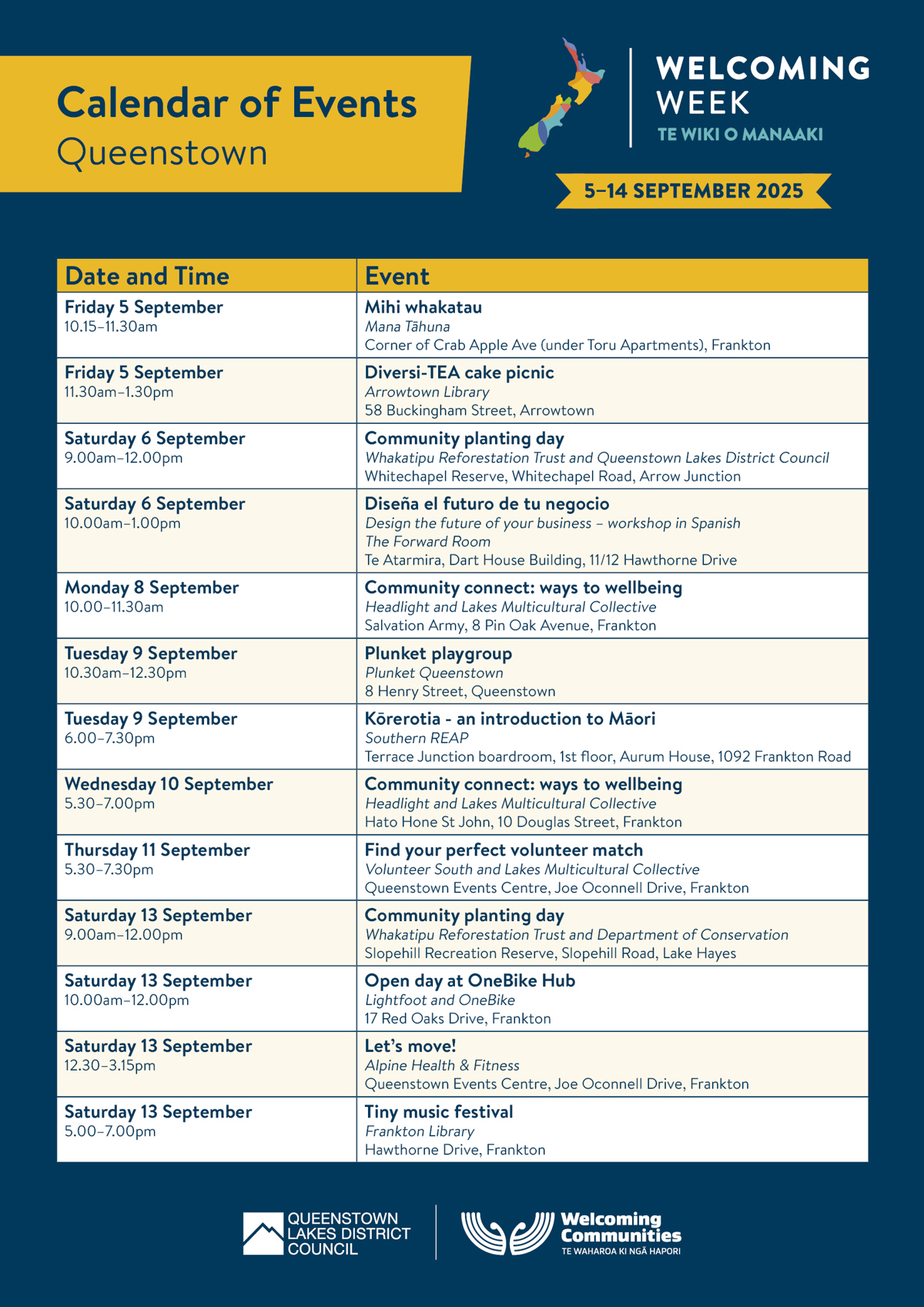 QLDC Welcoming Week 2025 Calendar Queenstown A3 Poster Aug25