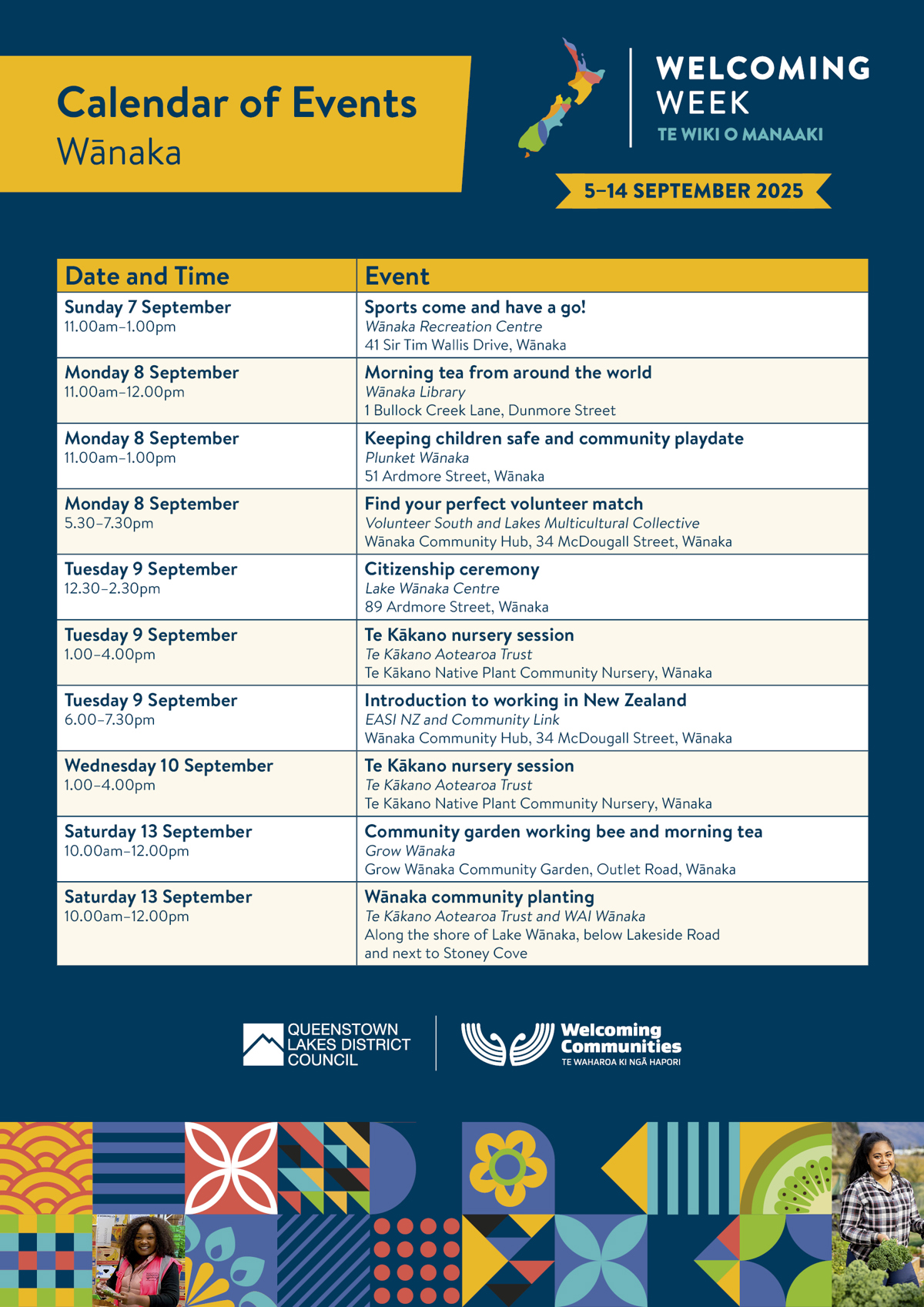QLDC Welcoming Week 2025 Calendar Wānaka A3 Poster Aug25